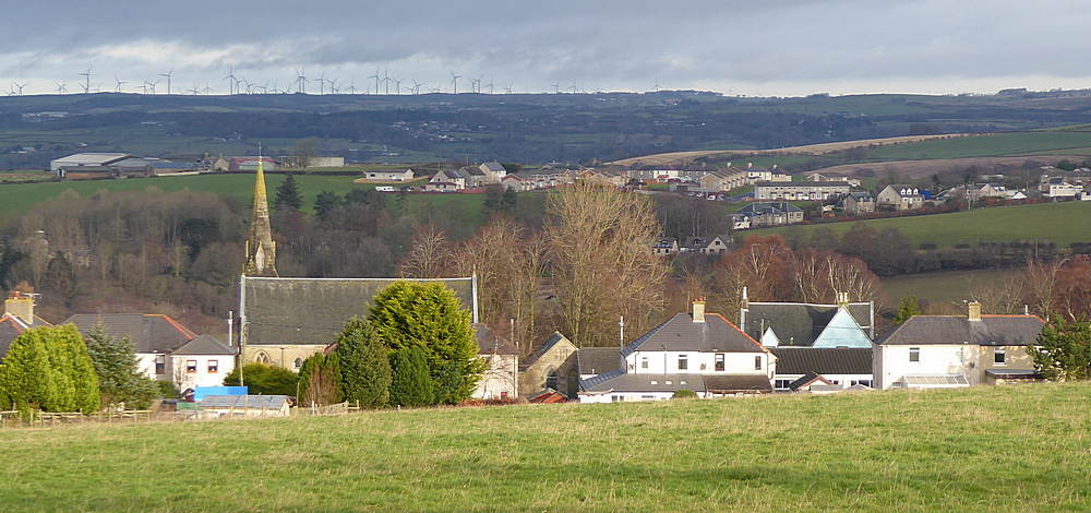 View of Kirkmuirhill Church and surroundings from the end of Hawthorndene